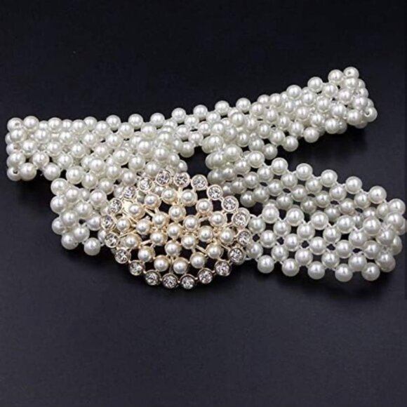 Imitation Pearl Elastic Belt w/ Gold Buckle - Picture 2 of 6